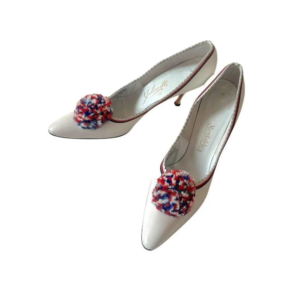 Vintage 50s/60s Julianelli's for Montaldo's  White Leather Pom Pom Heels 8AAA